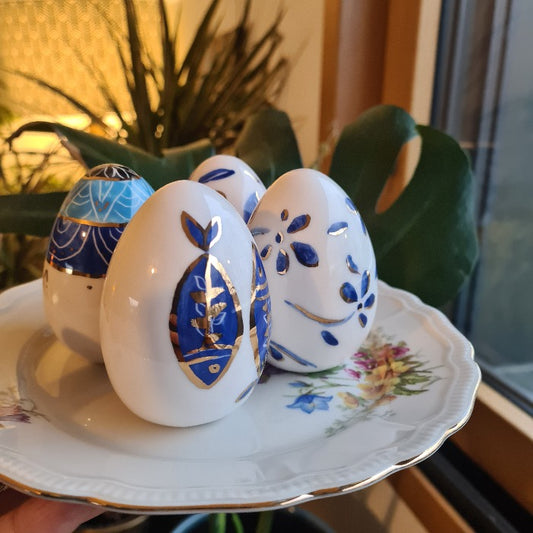 Set of 4 Handmade Ceramic Eggs, Blue Fish