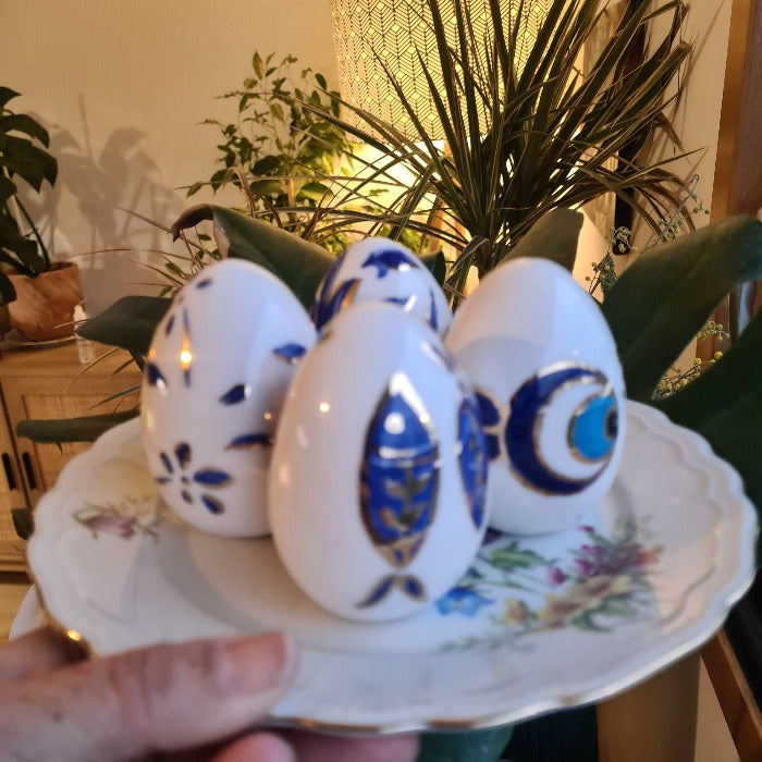 Set of 4 Handmade Ceramic Eggs, Blue Bird - Yalda Concept Store Persan