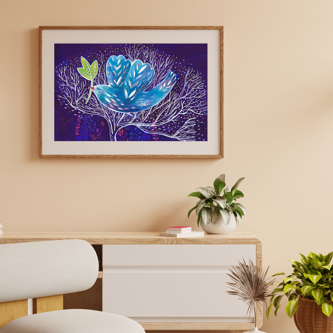 Blue bird Illustration, Blue bird Wall art, Persian bird - Yalda Concept Store Persan