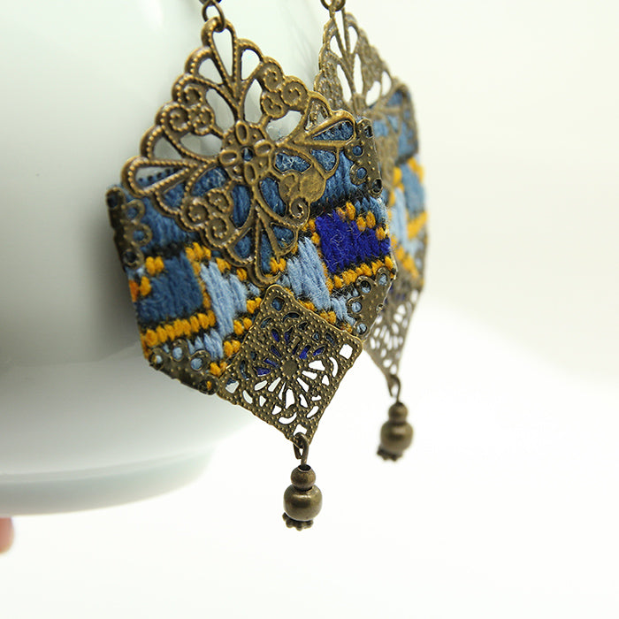 Handmade Embroidered Hexagon Earrings, Blue - Yalda Concept Store Persan