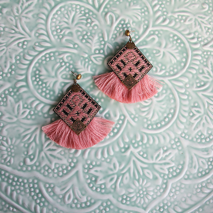 Hand Embroidered Earrings, Pink