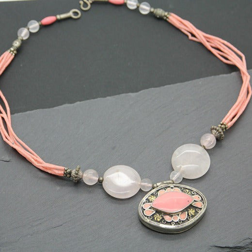 Pink Quartz Necklace, Afghan Vintage Necklace