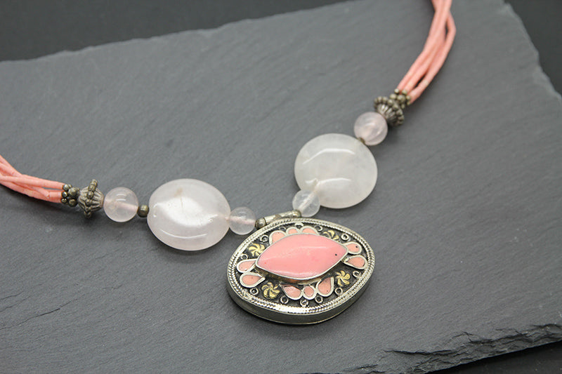 Pink Quartz Necklace, Afghan Vintage Necklace