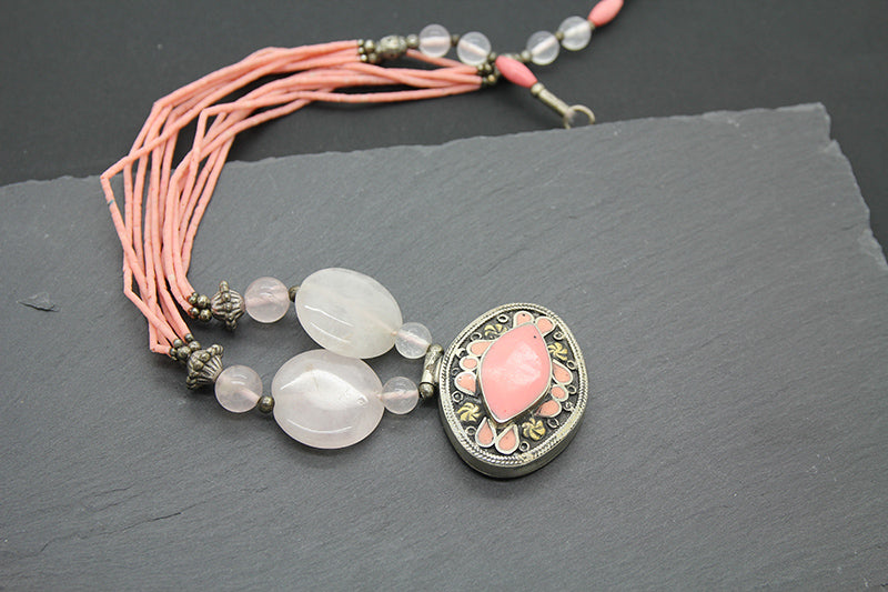 Pink Quartz Necklace, Afghan Vintage Necklace
