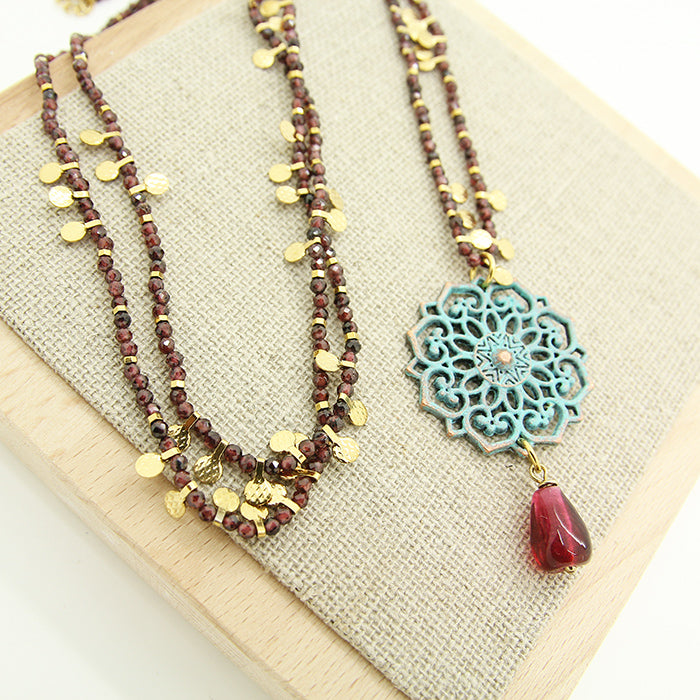 Pomegranate Long Necklace, Glass Pomegranate, Garnet Stones Chain
