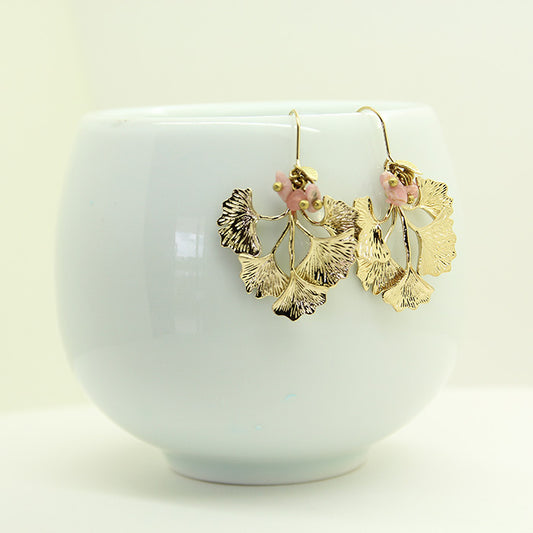 Golden Ginkgo earrings , Quartz
