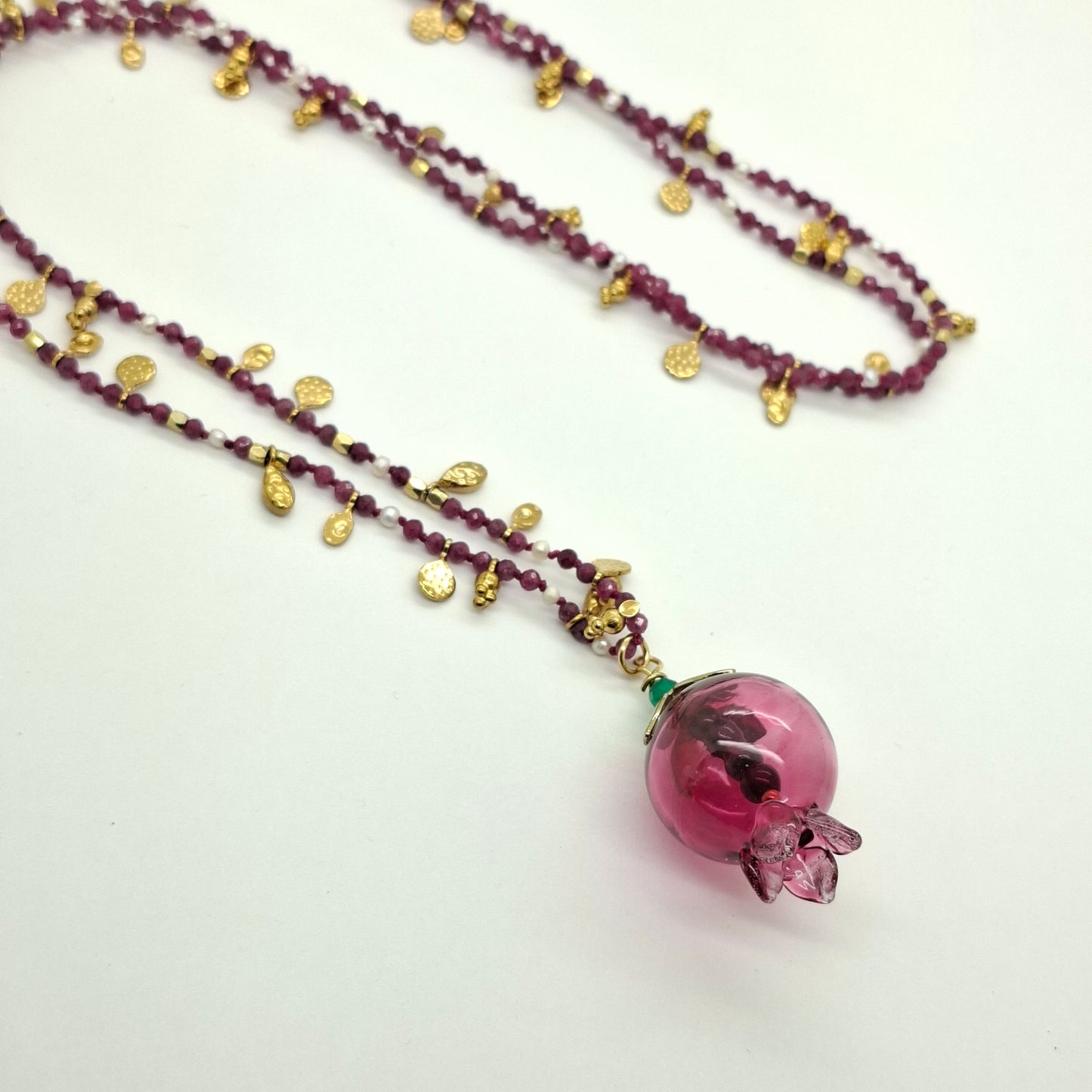 Pomegranate Necklace, Glass Pomegranate, Apatite chain