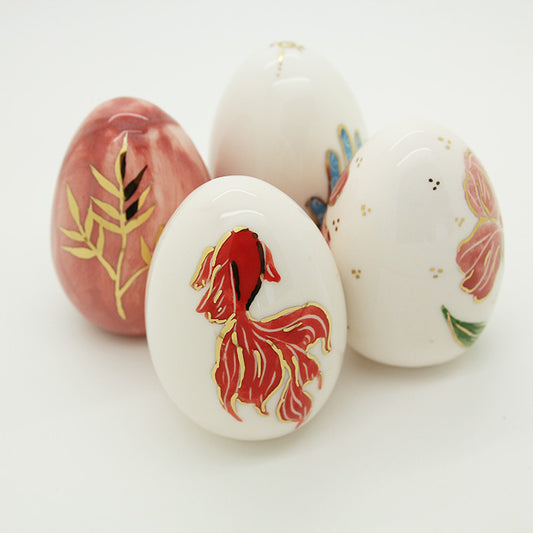 Set of 4 Handmade Ceramic Eggs, Red Fish