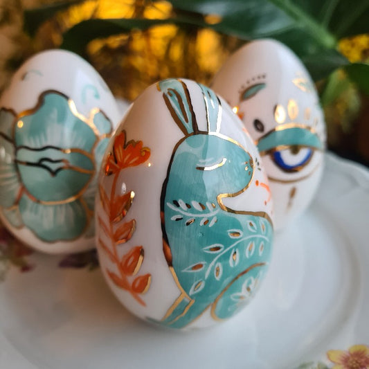 Set of 3 Handmade Ceramic Eggs, Mint Rabbit