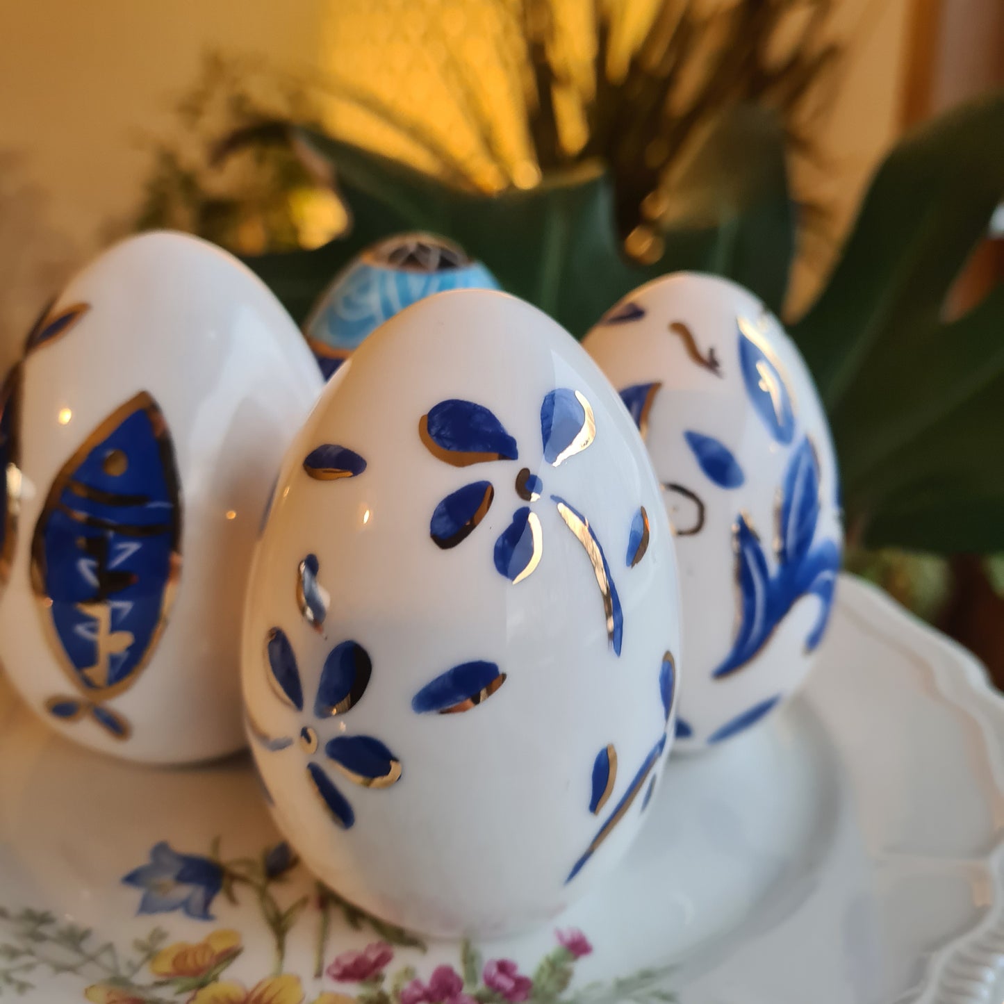Set of 4 Handmade Ceramic Eggs, Blue Fish