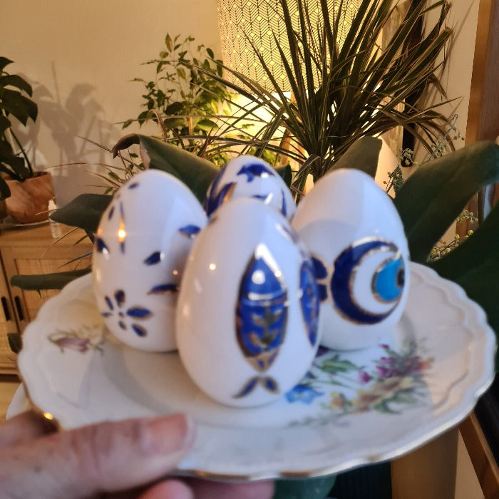Set of 4 Handmade Ceramic Eggs, Blue Bird