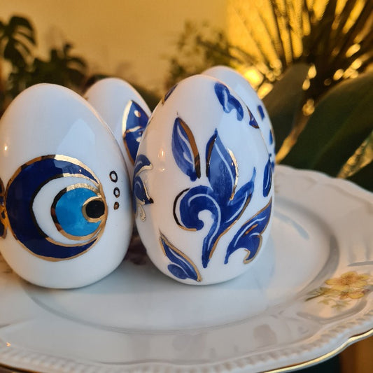 Set of 4 Handmade Ceramic Eggs, Blue Bird