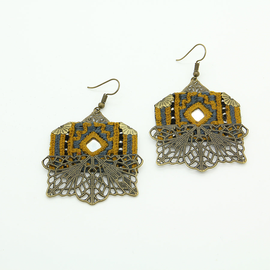 Handmade Embroidered Hexagon Earrings