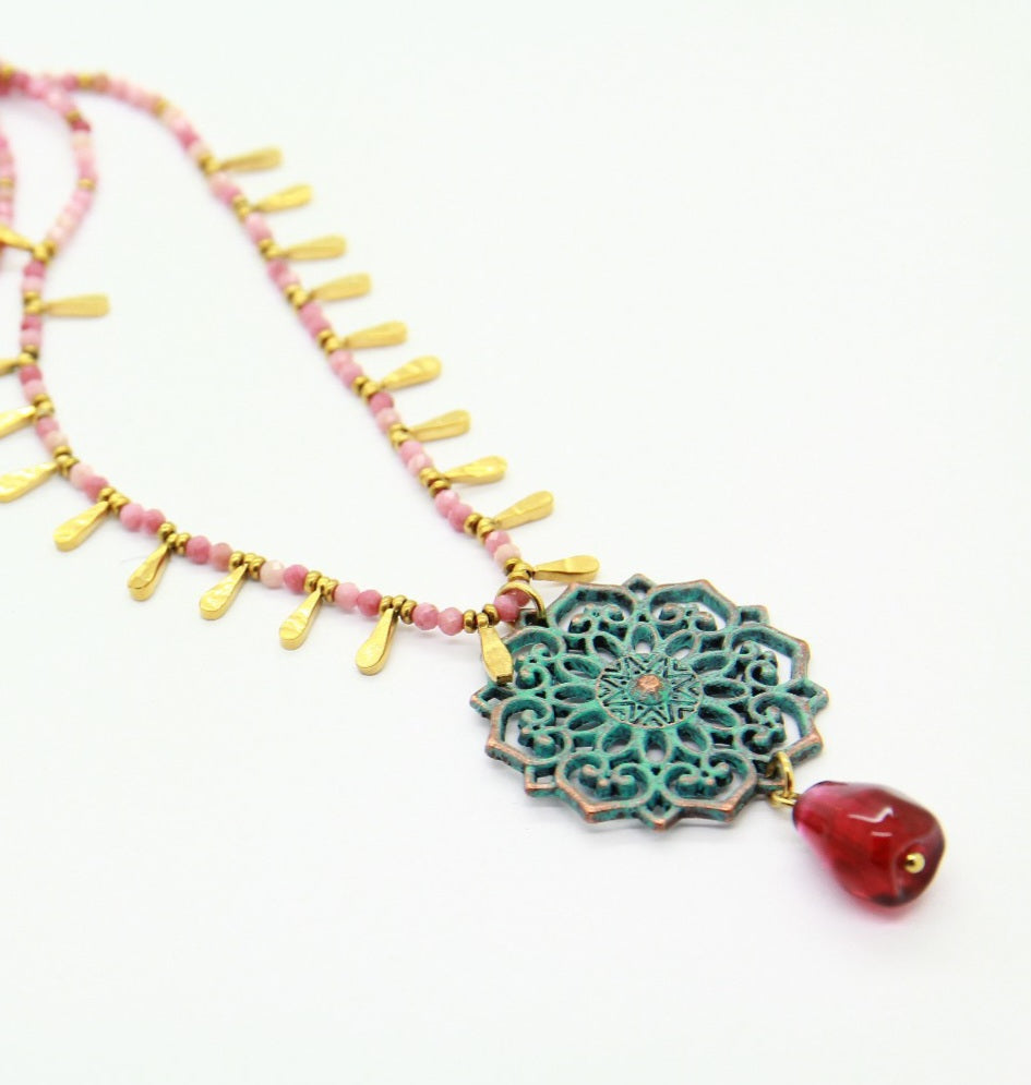 Pomegranate Necklace, Glass Pomegranate, Apatite chain