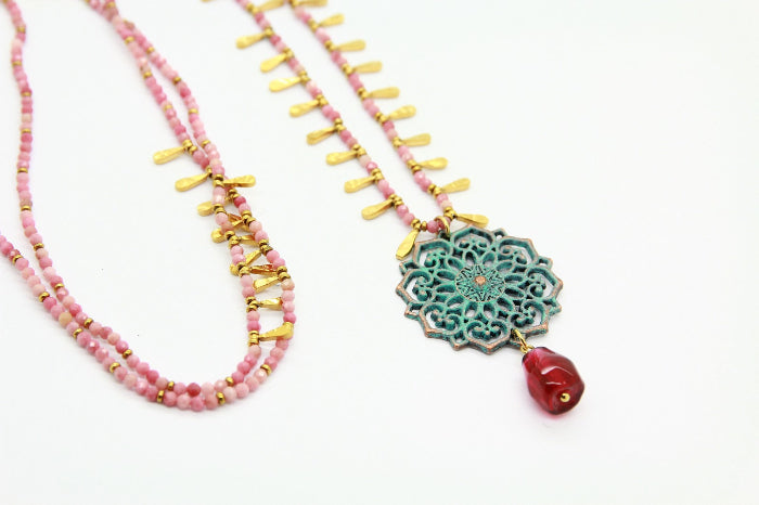 Pomegranate Necklace, Glass Pomegranate, Apatite chain