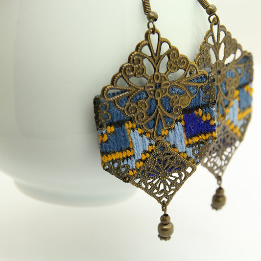 Handmade Embroidered Hexagon Earrings, Blue