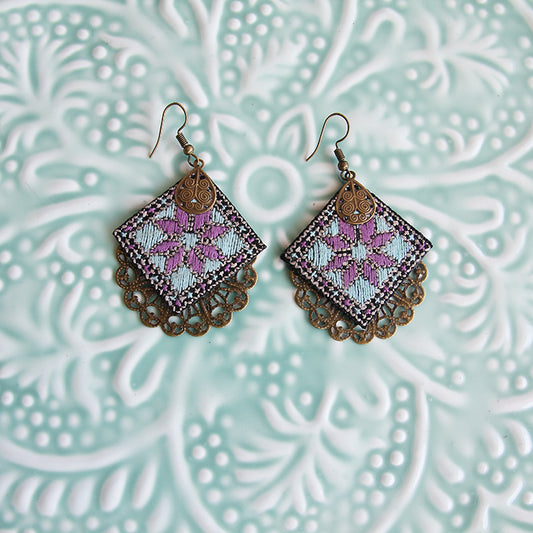 Embroidered Hexagon Earrings, Lilac