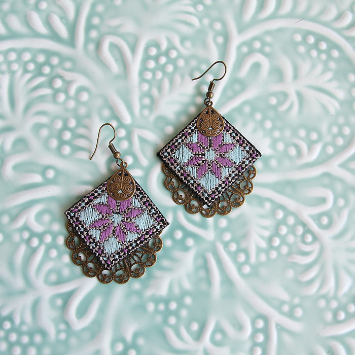 Embroidered Hexagon Earrings, Lilac