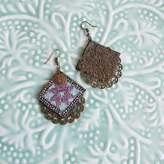 Embroidered Hexagon Earrings, Lilac