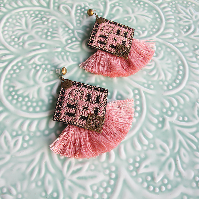 Hand Embroidered Earrings, Pink