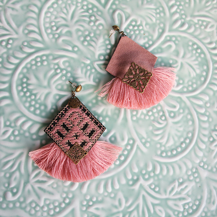 Hand Embroidered Earrings, Pink