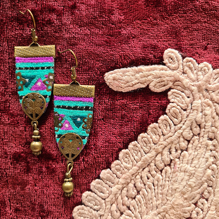 Handmade Embroidered Round Earrings - Olive