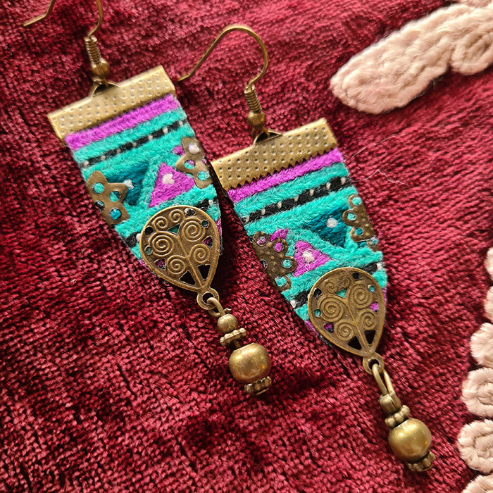 Handmade Embroidered Round Earrings - Olive