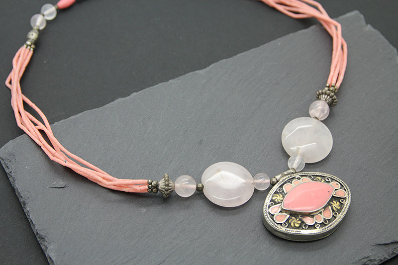 Pink Quartz Necklace, Afghan Vintage Necklace