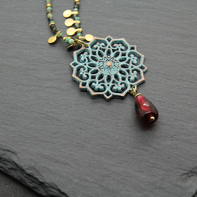 Pomegranate Necklace, Glass Pomegranate, Apatite chain