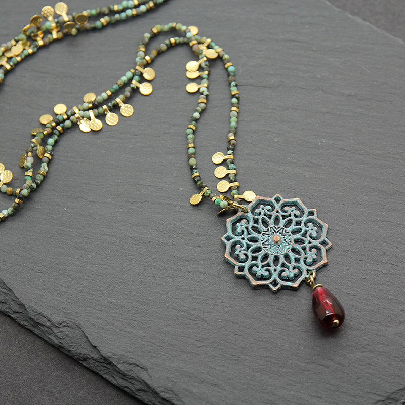 Pomegranate Necklace, Glass Pomegranate, Apatite chain