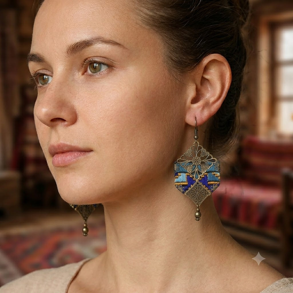 Handmade Embroidered Hexagon Earrings, Blue - Yalda Concept Store Persan