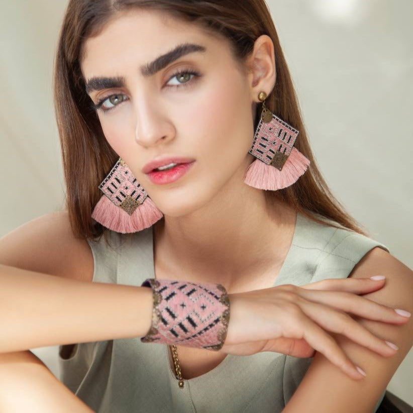 Hand Embroidered Earrings, Pink