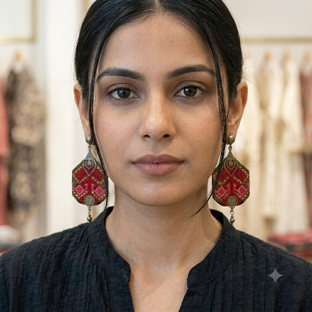 Mumtaz Embroidered Earrings, Red