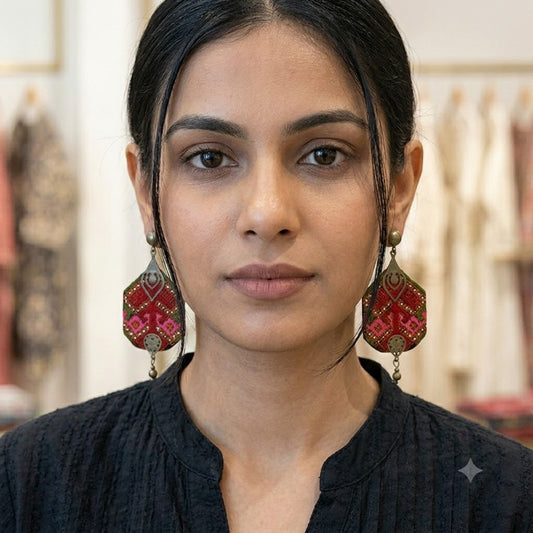 Mumtaz Embroidered Earrings, Red