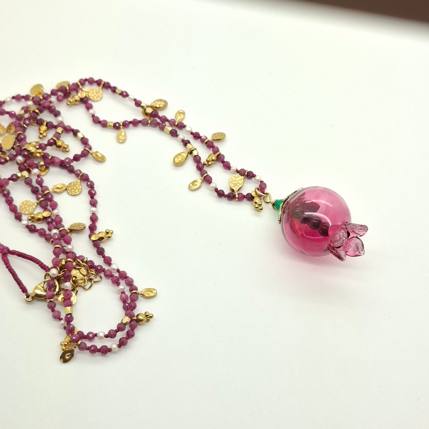 Pomegranate Necklace, Glass Pomegranate, Apatite chain
