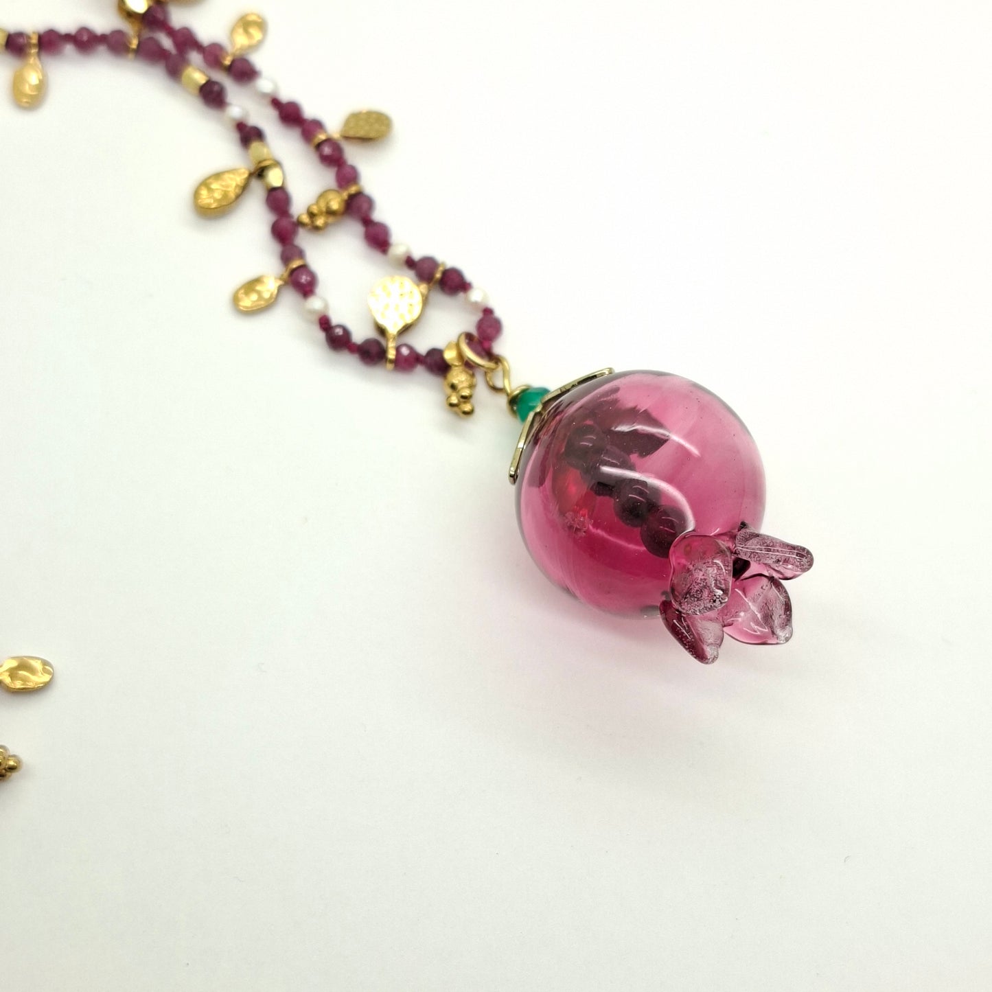 Pomegranate Necklace, Glass Pomegranate, Apatite chain