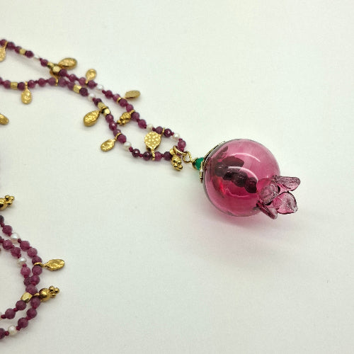 Pomegranate Necklace, Glass Pomegranate, Apatite chain