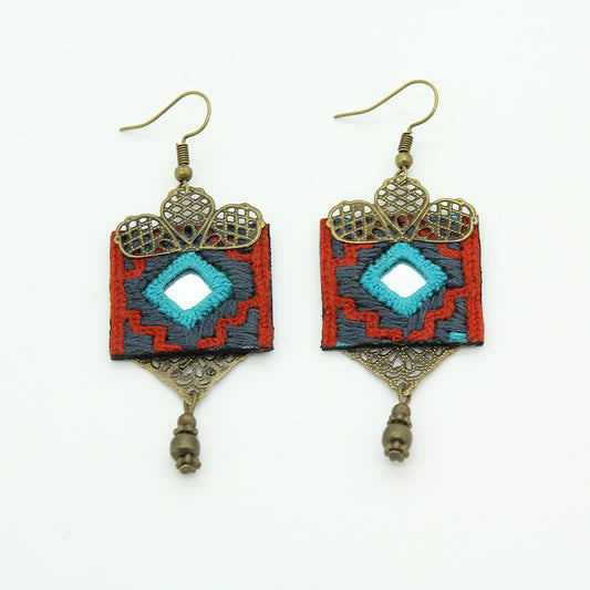 Square Hand Embroidered Earrings, Red & Turquoise