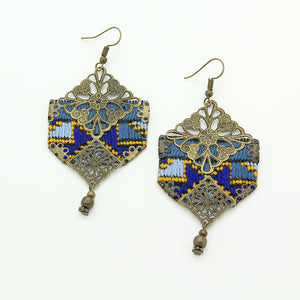 Handmade Embroidered Hexagon Earrings, Blue