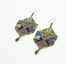 Load image into Gallery viewer, Handmade Embroidered Hexagon Earrings, Blue
