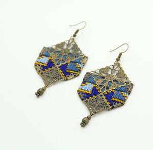 Handmade Embroidered Hexagon Earrings, Blue