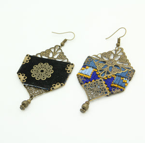 Handmade Embroidered Hexagon Earrings, Blue