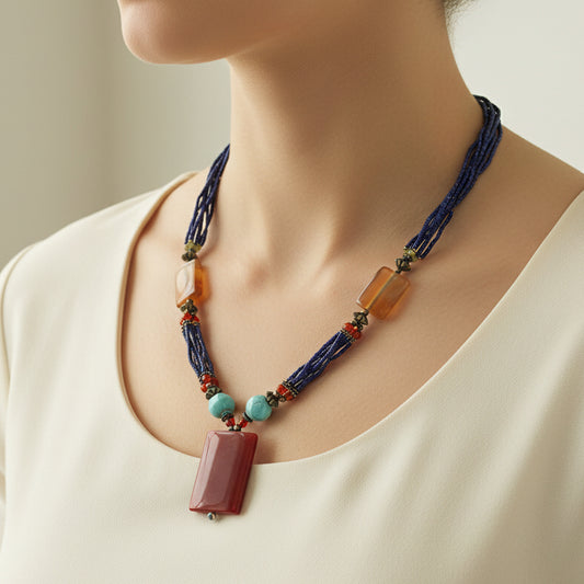 Lapis Lazuli and Agat Afghan Vintage Necklace - Yalda Concept Store Persan