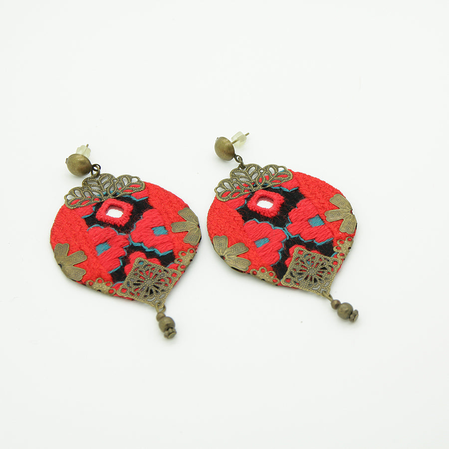 Mumtaz Embroidered Earrings, Red