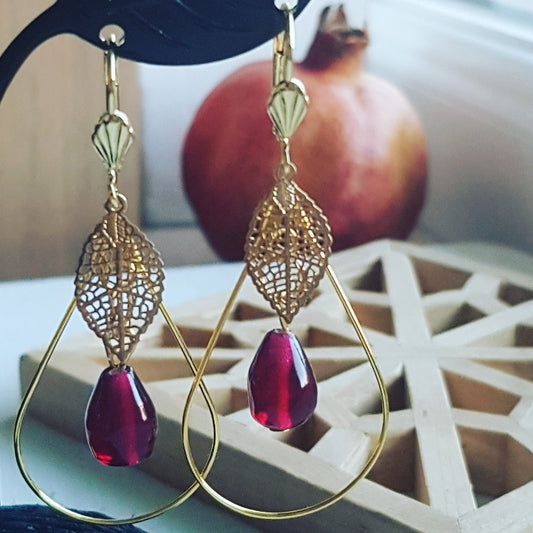 Pomegranate Earrings, Drop &  Glass Seeds