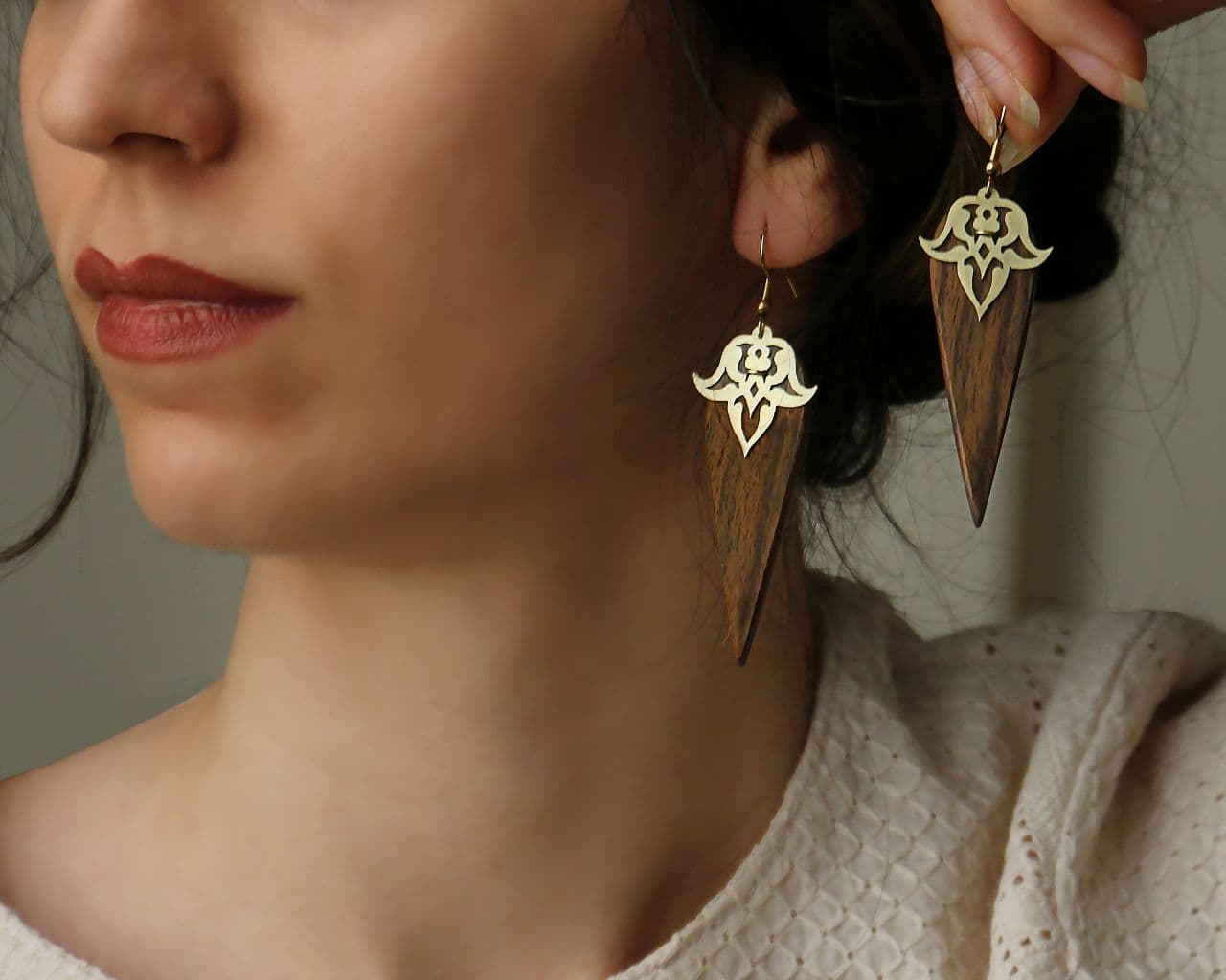 Mahoon Wood & Brass Earrings, Spike-Shaped - Yalda Concept Store Persan