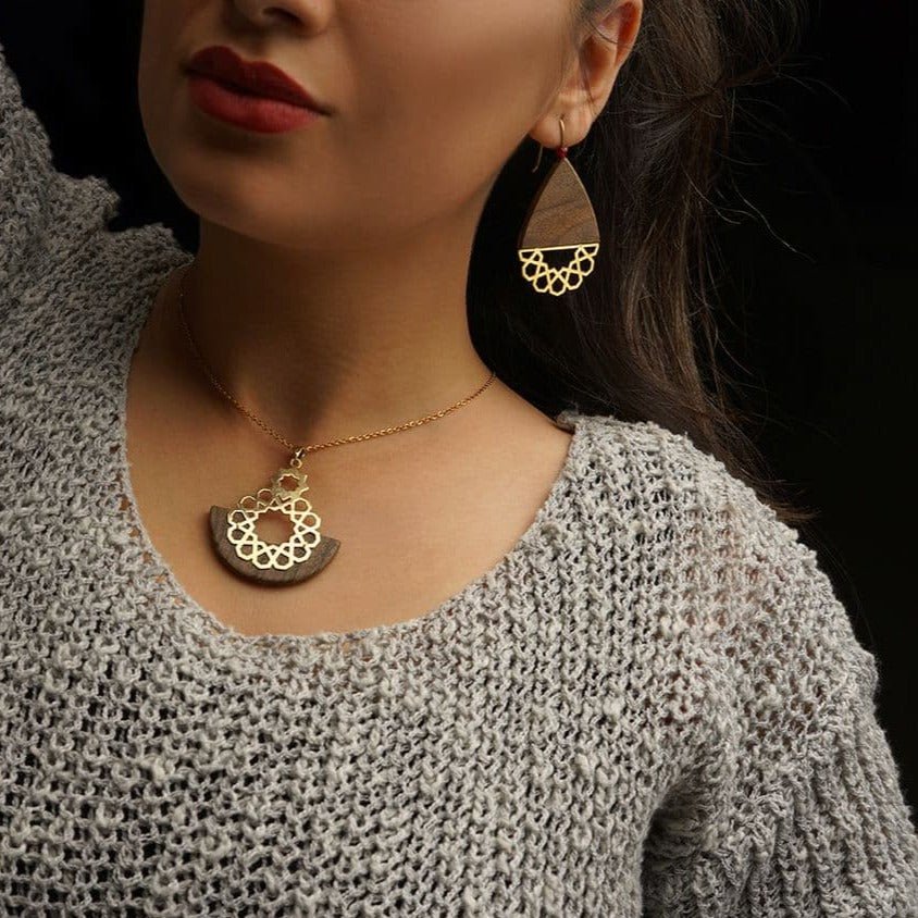 Mahoon Wood & Brass Set, Earrings & Necklace - Yalda Concept Store Persan
